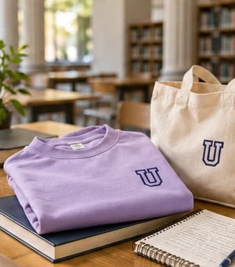 Sweatshirt e tote bag personalizadas numa biblioteca